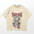The Jujutsu Kaisen Sukuna Washed Vintage T-Shirt features a detailed graphic of Sukuna with tattooed face and wrapped arms, highlighted by bold red "SUICIDE" text. Made from 260 GSM high-quality cotton, this beige anime streetwear piece appeals to any fan with its distressed texture.