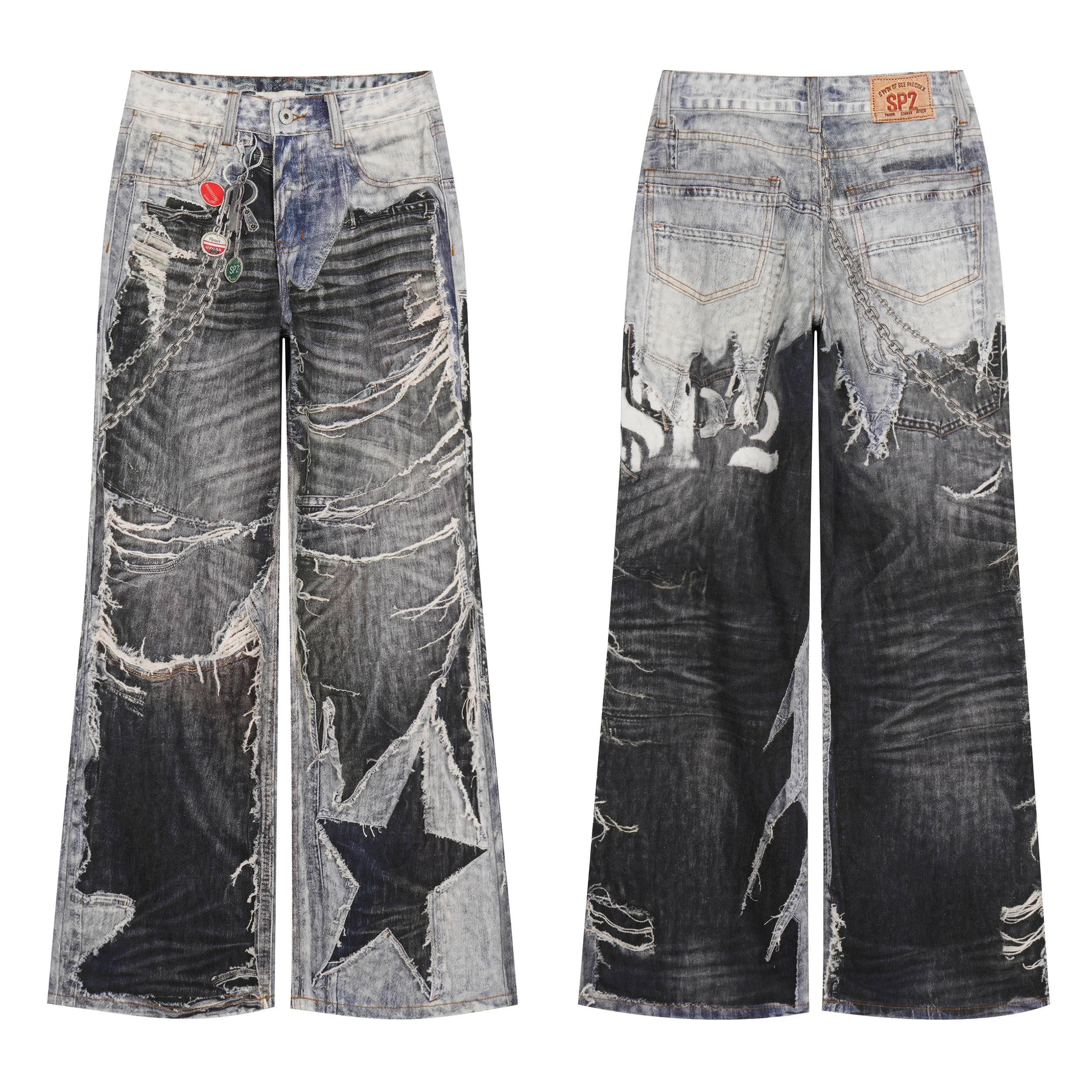 Wide Leg Dark Wash Jeans | Y2K Distressed Patchwork – Seakoff