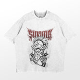 The Jujutsu Kaisen Sukuna Washed Vintage T-Shirt, crafted from 260 GSM high-quality cotton, features a bold graphic depicting a person with bandaged hands amid flames. "SUPREME" blazes above in fiery font, perfect for anime fans seeking edgy streetwear.