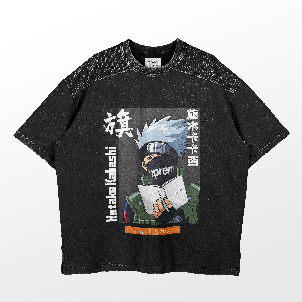 This black Naruto T-shirt displays an illustration of spiky-haired, masked Hatake Kakashi holding a book. The anime apparel boasts "Hatake Kakashi" and "Supreme" in white text, and its fabric has a slightly washed-out, mottled texture.