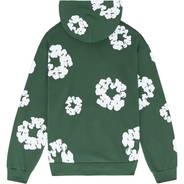 Forest Green “Cotton Wreath” Denim Tears Hoodie – White Floral Print Streetwear Pullover