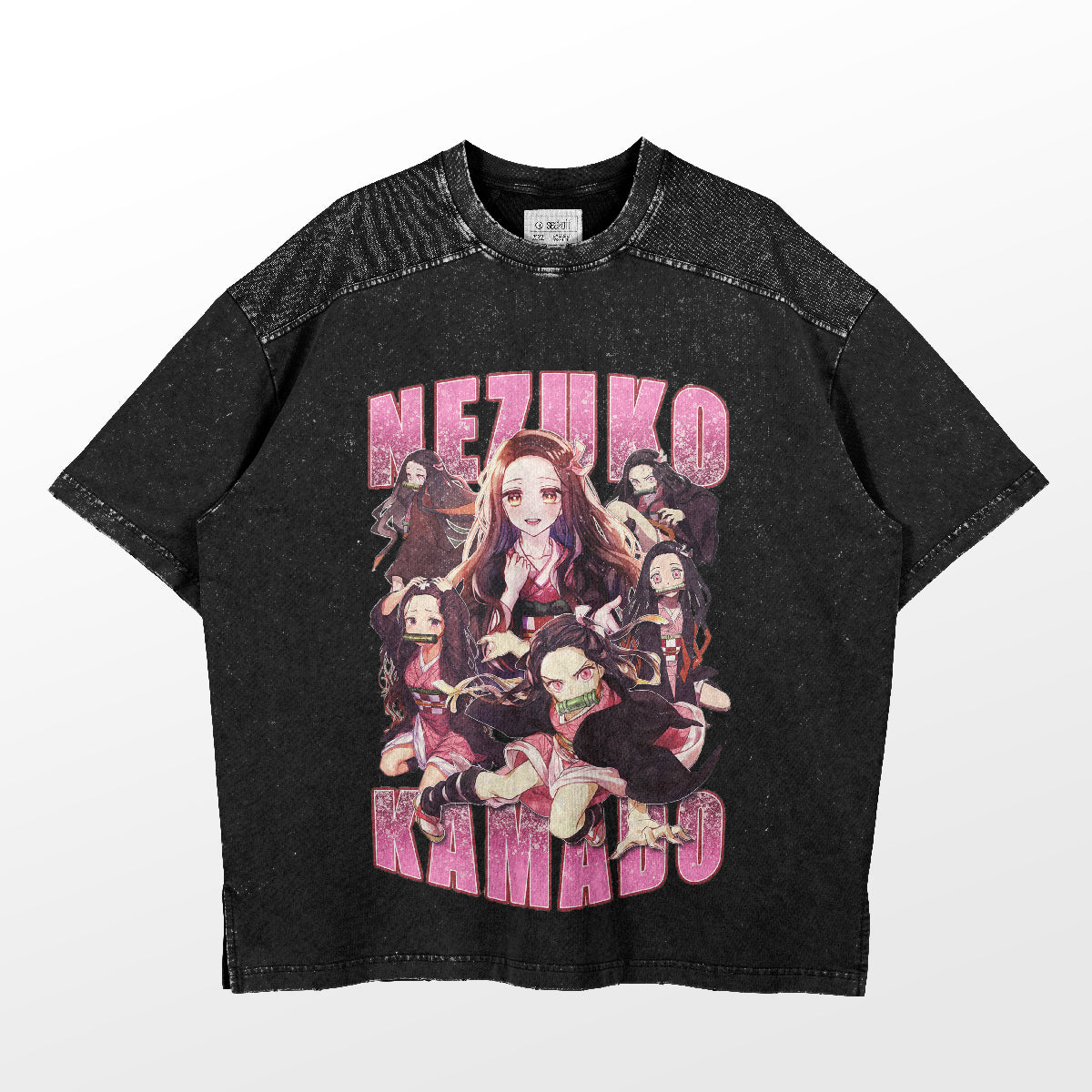 This black T-shirt from Demon Slayer features a dynamic design with vibrant characters. It prominently displays "Nezuko" at the top and "Kamado" at the bottom in large pink letters, capturing the essence of Demon Slayer.