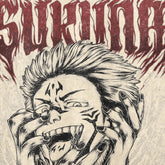 The Jujutsu Kaisen Sukuna Washed Vintage T-Shirt features a black and white illustration of Sukuna with spiky hair, menacing markings, and sharp teeth, laughing with hands around its mouth. "SUKUNA" is boldly written in red, jagged font—a perfect choice for anime streetwear enthusiasts.