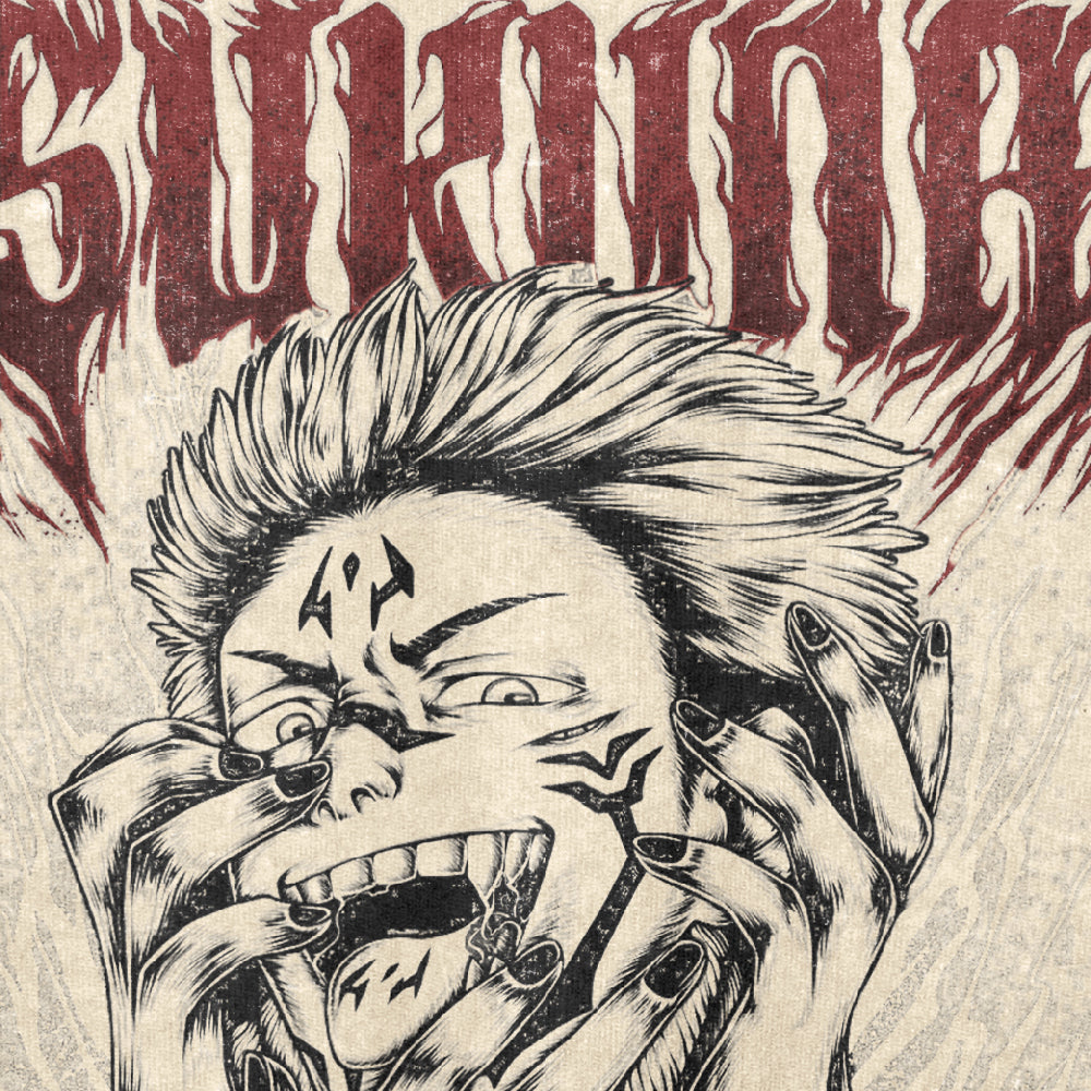 The Jujutsu Kaisen Sukuna Washed Vintage T-Shirt features a black and white illustration of Sukuna with spiky hair, menacing markings, and sharp teeth, laughing with hands around its mouth. "SUKUNA" is boldly written in red, jagged font—a perfect choice for anime streetwear enthusiasts.