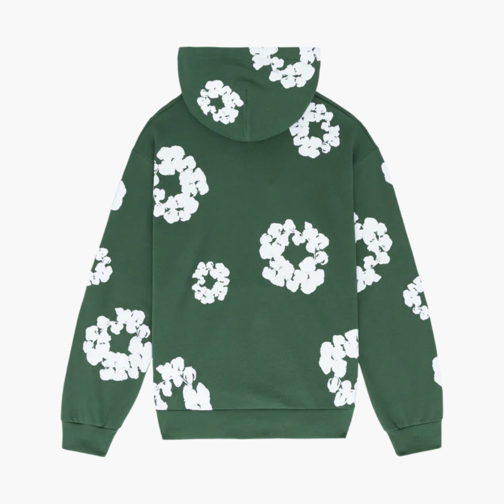 Forest Green “Cotton Wreath” Denim Tears Hoodie – White Floral Print Streetwear Pullover