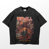 The Armin Arlert Colossal Titan Attack on Titan T-Shirt by Attack on Titan features a black tee with a speckled design, showcasing an anime character in flames alongside Japanese and English text: "FIGHT FOR A FREEDOM TO LIFE OUTSIDE THE WALLS.