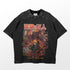 The Armin Arlert Colossal Titan Attack on Titan T-Shirt by Attack on Titan features a black tee with a speckled design, showcasing an anime character in flames alongside Japanese and English text: "FIGHT FOR A FREEDOM TO LIFE OUTSIDE THE WALLS.