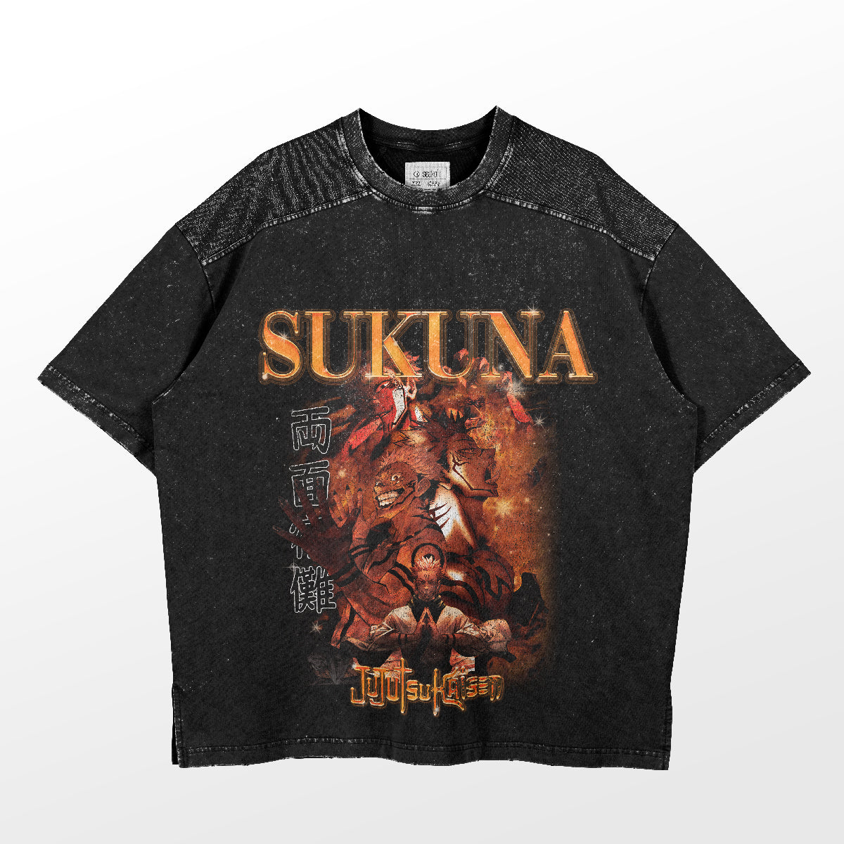 The Sukuna Transformation Jujutsu Kaisen T-Shirt is a high-quality anime tee in black featuring a stunning character graphic undergoing transformation, with "SUKUNA" on top and Japanese text. "JUJUTSU KAISEN" is at the bottom, perfect for anime apparel fans.