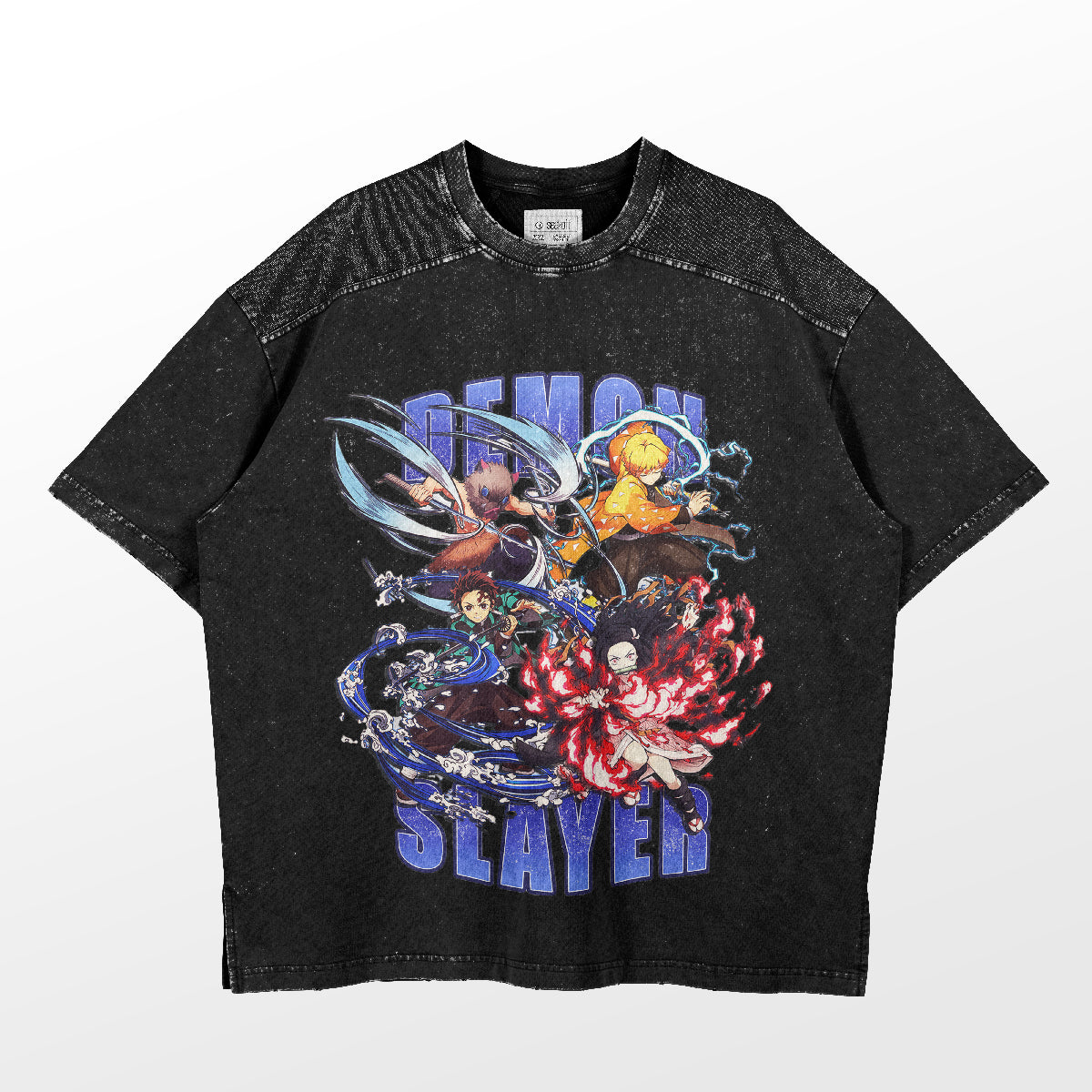 The Demon Slayer Core Team T-Shirt by Demon Slayer features vibrant illustrations of anime characters Tanjiro, Nezuko, Zenitsu, and Inosuke in dynamic action poses with water and fire elements. The text "Demon Slayer" is printed beneath the design.