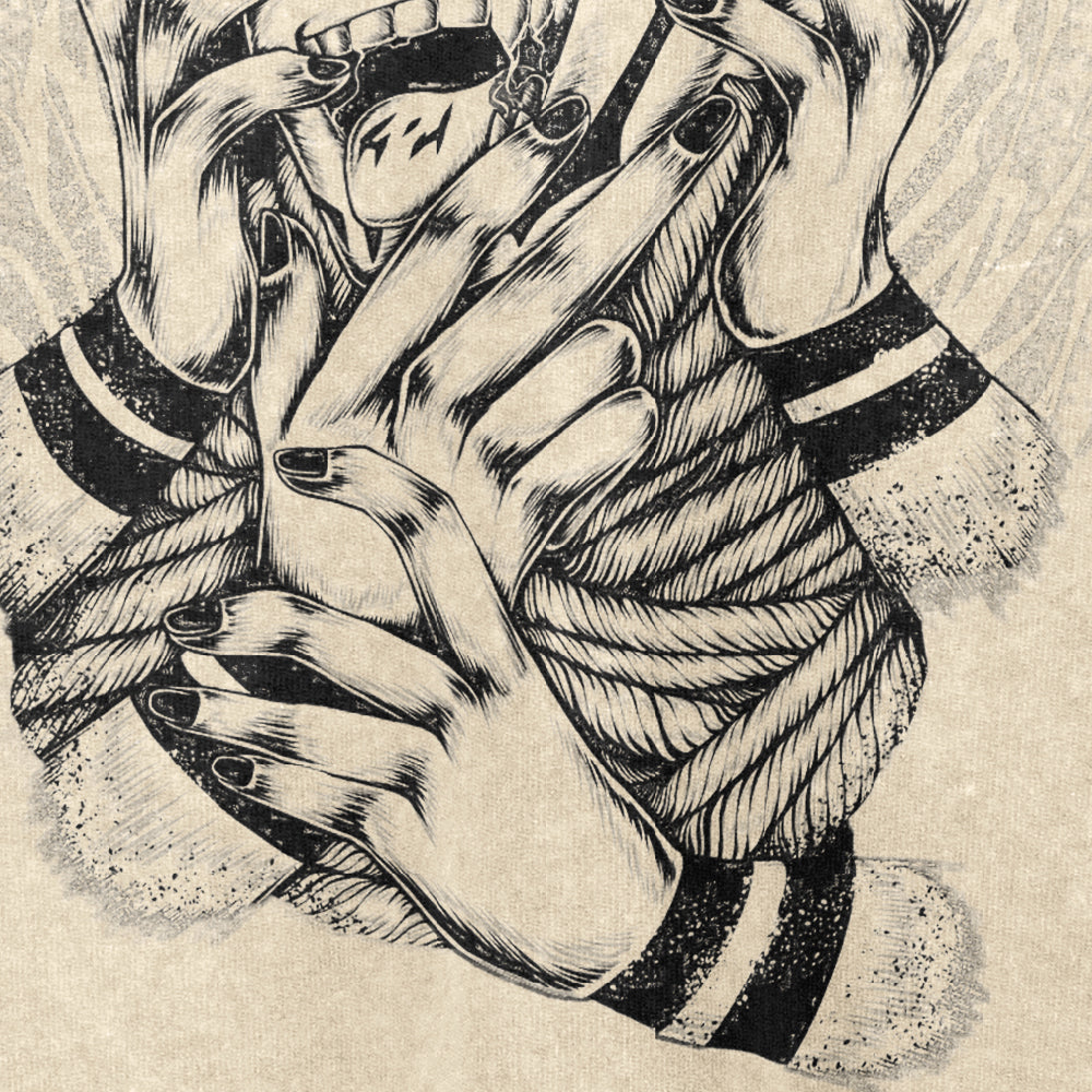The Jujutsu Kaisen Sukuna Washed Vintage T-Shirt showcases a dramatic monochrome illustration of a person screaming, obscured by hands with black nail polish. The cross-hatched backdrop adds depth, making it ideal streetwear for anime fans. Made from high-quality 260 GSM cotton.