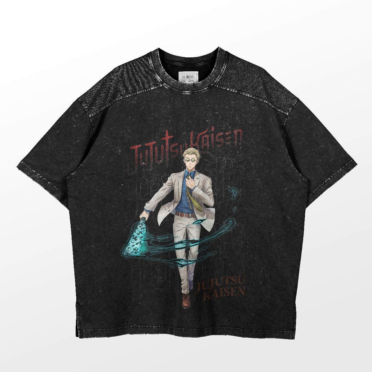 The Jujutsu Kaisen Kento Nanami Dynamic T-Shirt features an illustration of Kento Nanami in a suit, pouring from a flask. The series title is at the top, and a swirling design adds flair to this high-quality anime tee—the perfect piece for fans of Jujutsu Kaisen.