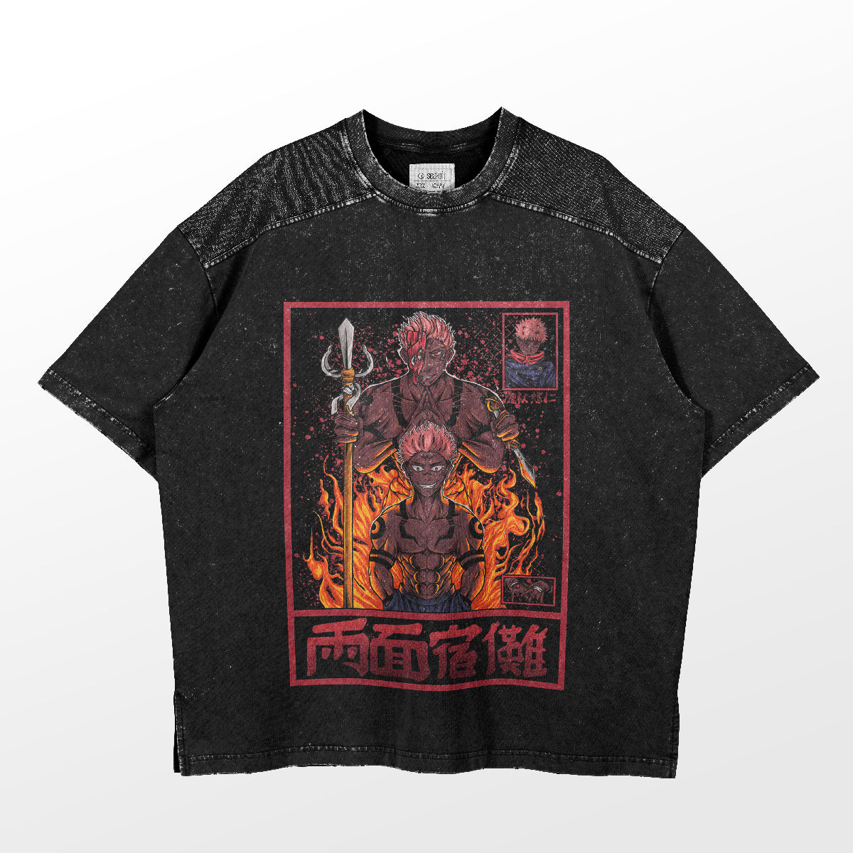 A black T-shirt showcasing a vibrant graphic of two animated figures: one wielding a sword above a fiery Fire Demon. Red stylized text at the bottom captures the essence of Jujutsu Kaisen. This high-quality anime apparel is named "Sukuna Fire Demon Jujutsu Kaisen T-Shirt.