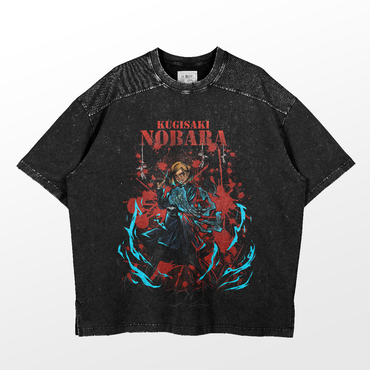 This Jujutsu Kaisen Nobara Kugisaki Battle Stance T-Shirt features a high-quality black tee with an anime character in battle stance, glowing blue energy, and red splatters. The name "Kugisaki Nobara" is elegantly printed above the design.