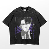 The Levi Ackerman Signature T-Shirt features the anime character with short dark hair, wearing a collared shirt and tie against a background of purple stripes and Japanese text. "Levi Ackerman" runs vertically on the left. It&