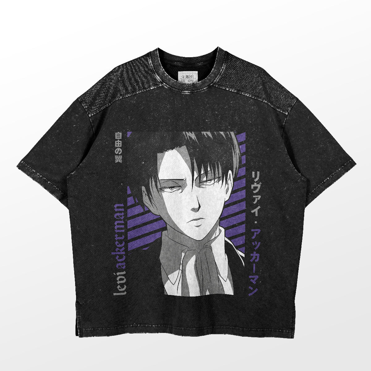 The Levi Ackerman Signature T-Shirt features the anime character with short dark hair, wearing a collared shirt and tie against a background of purple stripes and Japanese text. "Levi Ackerman" runs vertically on the left. It&