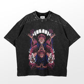 The Sukuna Double Manifestation Jujutsu Kaisen T-Shirt by Jujutsu Kaisen features a dynamic character illustration with vibrant elements and patterns on a dark base, complemented by textured shoulder design.