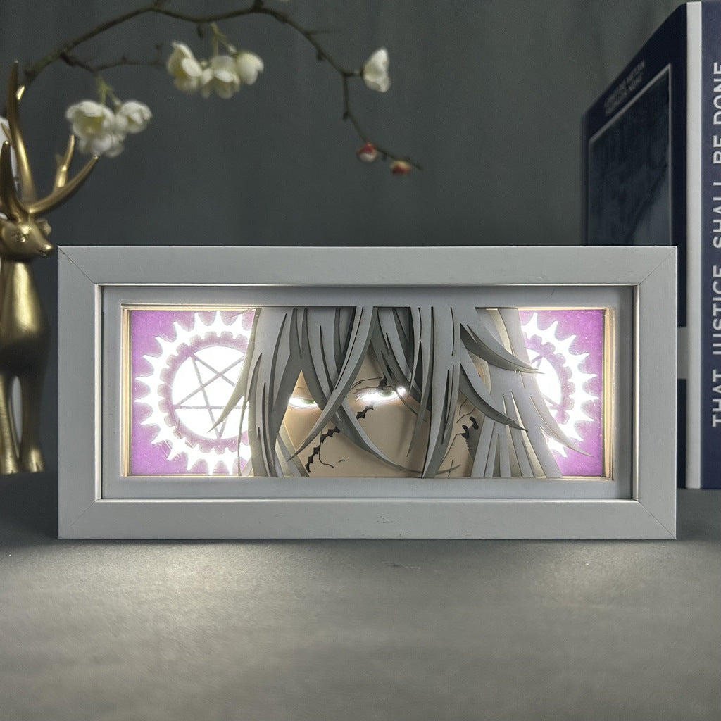 The D.Gray-man Anime Light Box features a 3D depiction of Allen Walker with white hair and circular patterns on a purple background. Internal LED lighting enhances an orchid branch, embodying the mystique of his Crown Clown form.