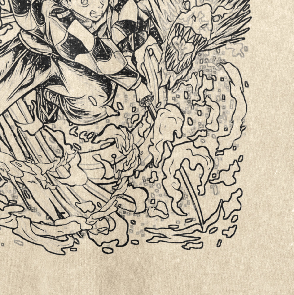 A Demon Slayer Tanjiro Water Breathing Washed Vintage T-Shirt features two characters in an action scene; one swings a patterned sword like Tanjiro Kamado, while the other uses the Water Breathing technique with energy swirling around.