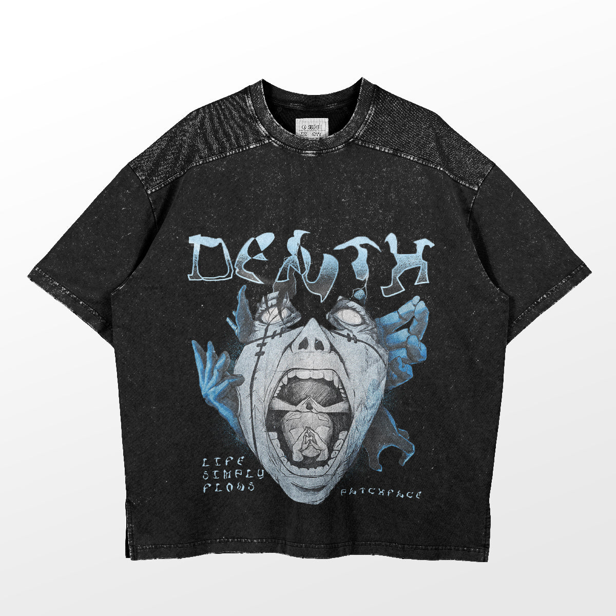 The Jujutsu Kaisen Mahito "Death" T-Shirt features a distressed design with blue and white graphics, including a screaming face and stylized "DEATH" text. Additional phrases like "LIFE SIMPLY FOLDS" and "BACKSPACE" evoke the intense vibe of Mahito&