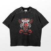 The "Itadori Yuji Jujutsu Kaisen T-Shirt - Dual Persona Design" by Jujutsu Kaisen is a black speckled T-shirt showcasing a detailed graphic in red and white. It features a stylized crown, roses, and intricate patterns around a central figure with artfully integrated text.