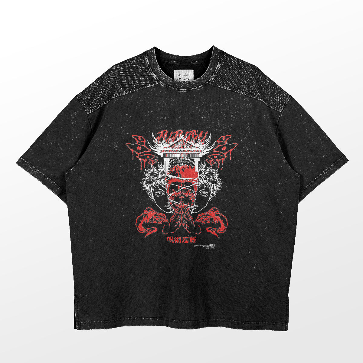 The "Itadori Yuji Jujutsu Kaisen T-Shirt - Dual Persona Design" by Jujutsu Kaisen is a black speckled T-shirt showcasing a detailed graphic in red and white. It features a stylized crown, roses, and intricate patterns around a central figure with artfully integrated text.