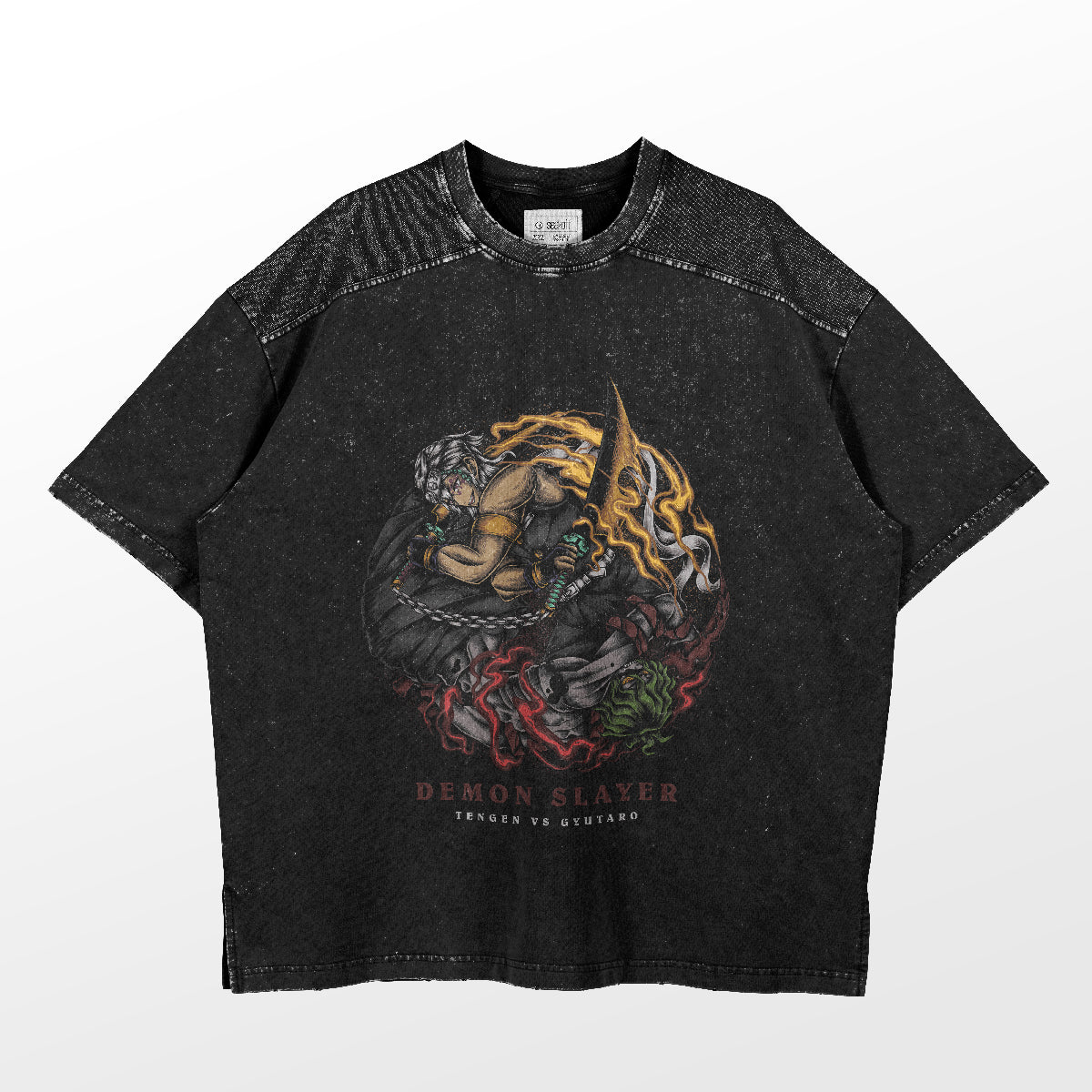 The "Tengen vs. Gyutaro Battle T-Shirt" by Demon Slayer features Tengen Uzui and Gyutaro in a fiery combat pose. The speckled black shirt adds style, with "Demon Slayer: Gyutaro Battle" printed below the graphic.