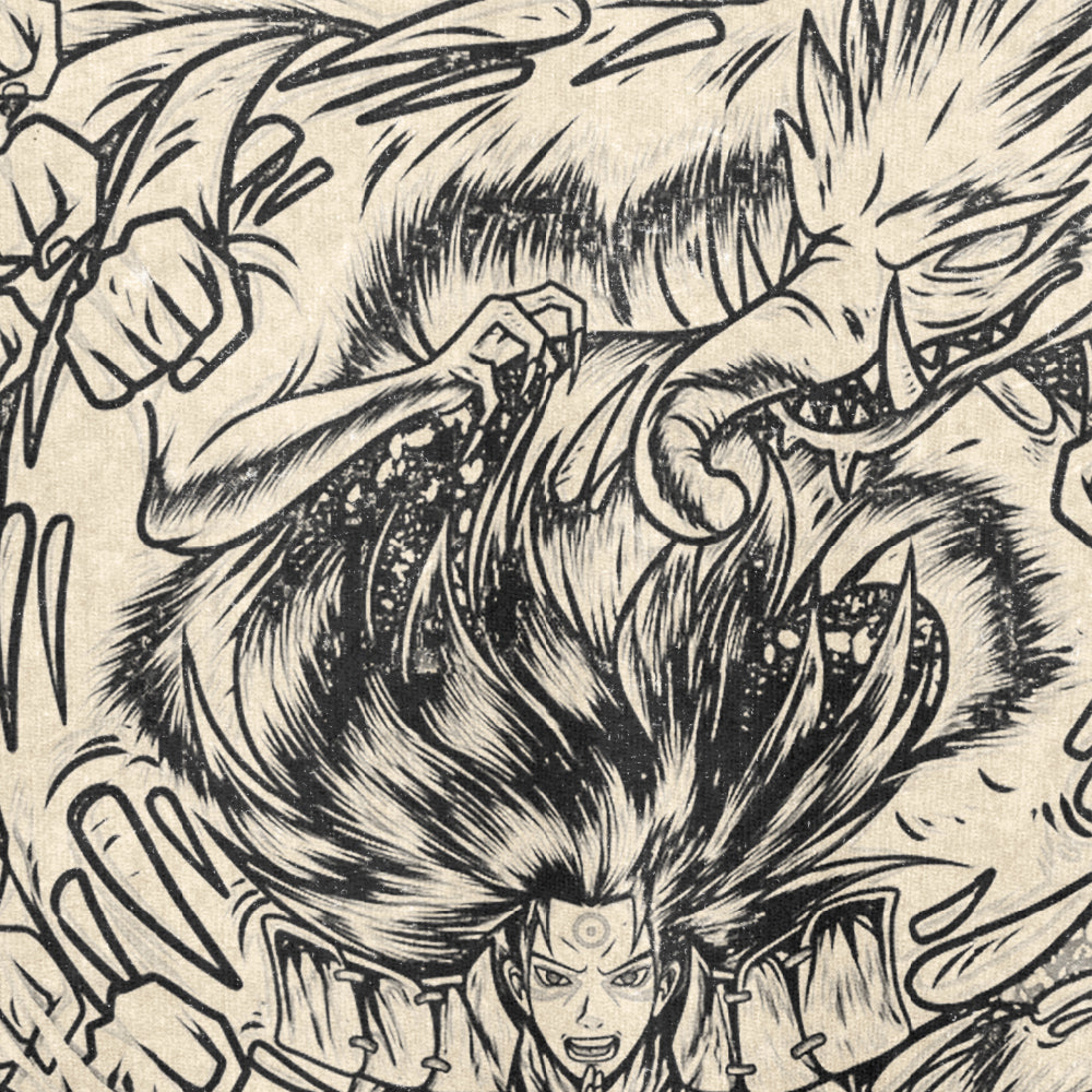 The Naruto Hashirama Senju Washed Vintage T-Shirt combines anime streetwear with a black and white illustration, depicting a dynamic scene. At the bottom, a character with flowing hair and a determined expression stands, while above looms Hashirama Senju&