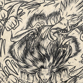 The Naruto Hashirama Senju Washed Vintage T-Shirt combines anime streetwear with a black and white illustration, depicting a dynamic scene. At the bottom, a character with flowing hair and a determined expression stands, while above looms Hashirama Senju&