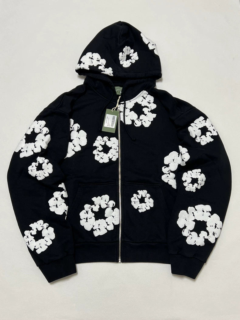 信州まなぶ　菊Puff print  Hoodie BLACK×WHITE Black Denim Tears Hoodie | Cotton Wreath Puff Print Zip-Up Black