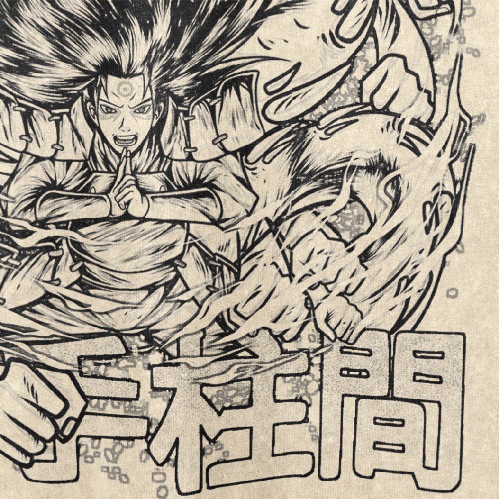 The Naruto Hashirama Senju Washed Vintage T-Shirt captures a dynamic scene with a long-haired character casting a spell, enhanced by intricate designs and Japanese text. Made from 260 GSM high-quality cotton, it embodies anime streetwear style with a classic Naruto vibe.