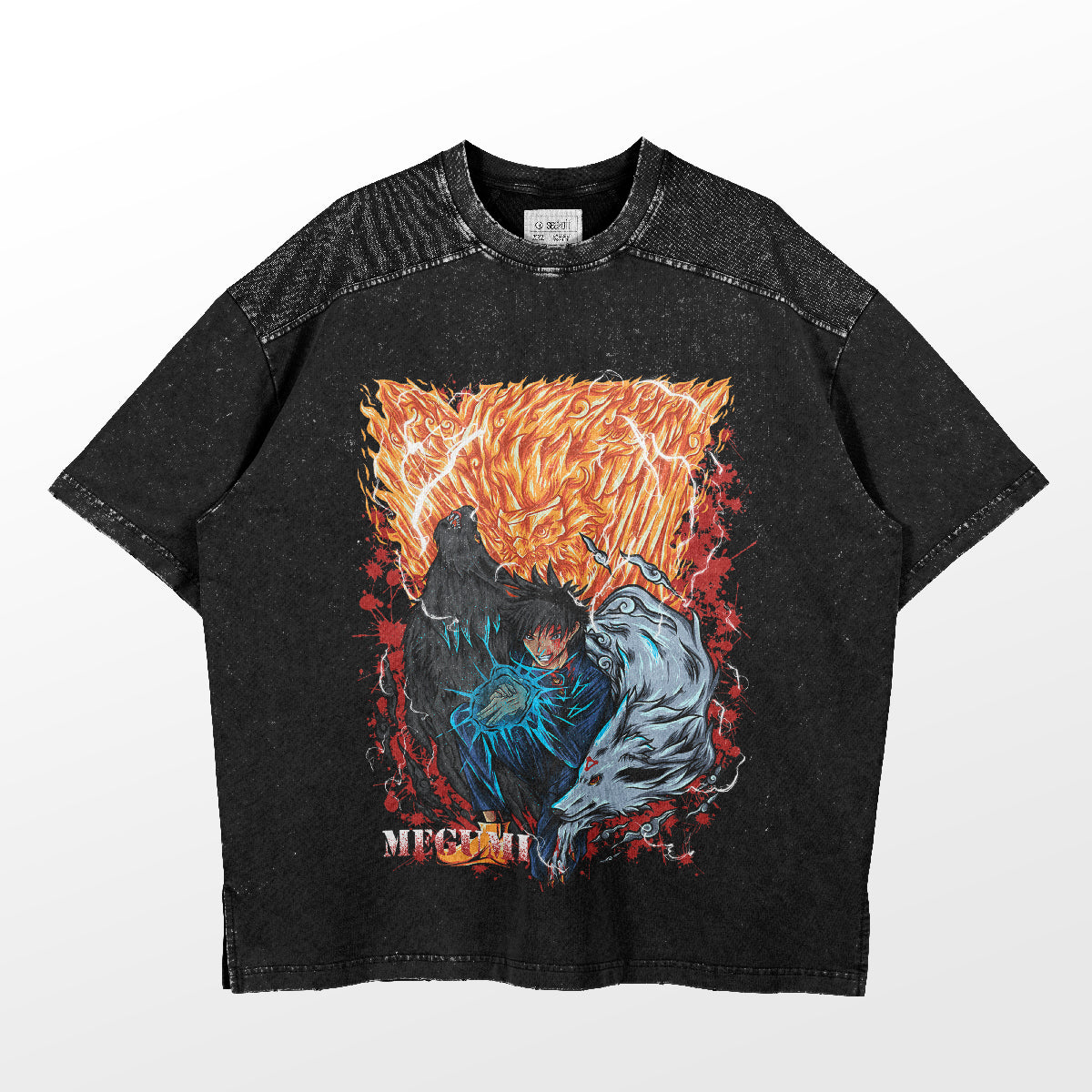 The Jujutsu Kaisen Megumi Fushiguro Fire and Ice T-Shirt features a vibrant design with fiery and icy creatures facing each other around Megumi&
