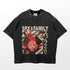 A high-quality Spy × Family Anime T-Shirt with a bold red and black design features three animated characters with Japanese text. Perfect for anime apparel enthusiasts, this textured fabric shirt has a round neckline and is essential for Spy Family Merch collectors.
