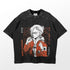 The Annie Leonhart T-Shirt from the Attack on Titan brand features her Female Titan transformation with a white-haired anime character in a red jacket, surrounded by Japanese text and orange abstract designs, and bold "Annie Leonhart" text on the left side.