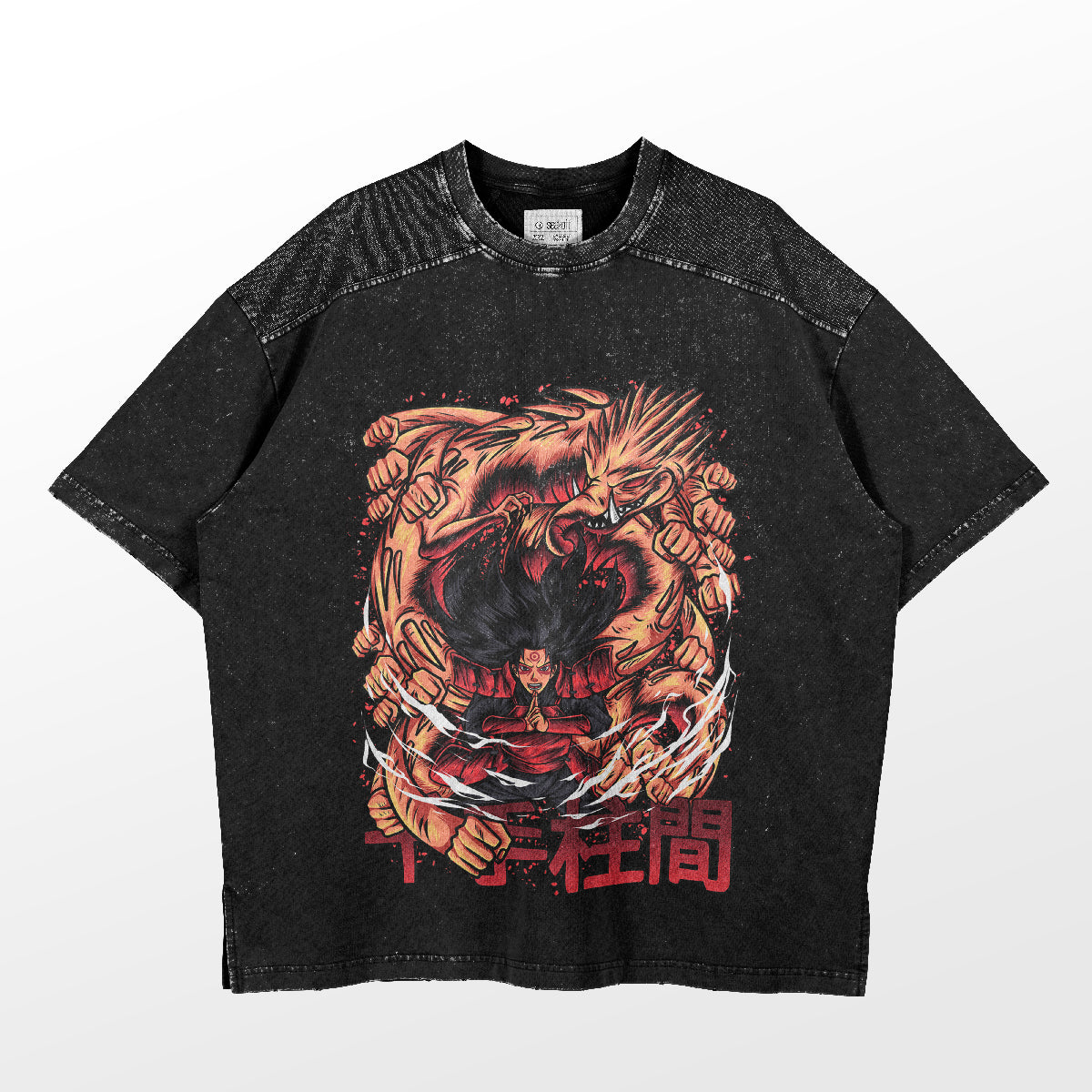 The Hashirama Character T-Shirt from Naruto features a dynamic design with an iconic anime character amidst energy and red flames, ideal for conventions. It includes Japanese characters at the bottom and a textured fabric, perfect for collectors of anime apparel.