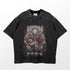 The Yuta Okkotsu Red Cursed Spirit T-Shirt by Jujutsu Kaisen features a design of a figure with a sword facing a horned creature. Perfect for fans, this black anime tee includes textured, lighter accents on the sleeves and shoulders.