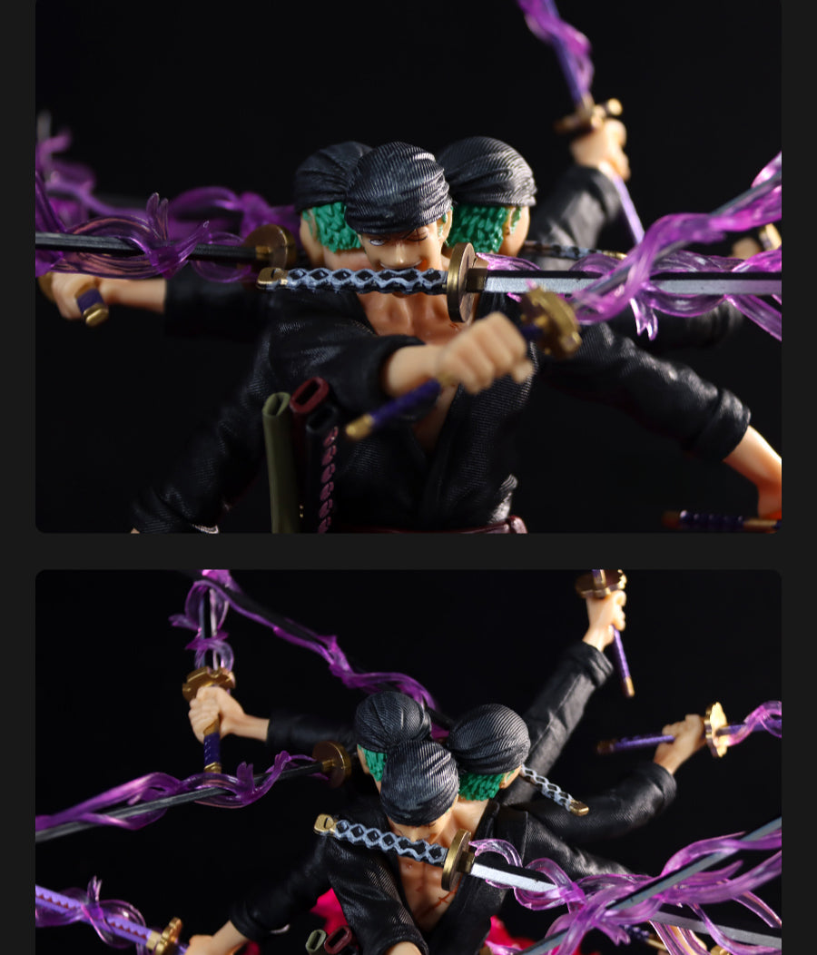 Zoro Santoryu動作小雕像 - 40厘米,帶有三把劍和動態火焰效果,限量版 - 一件可收集的