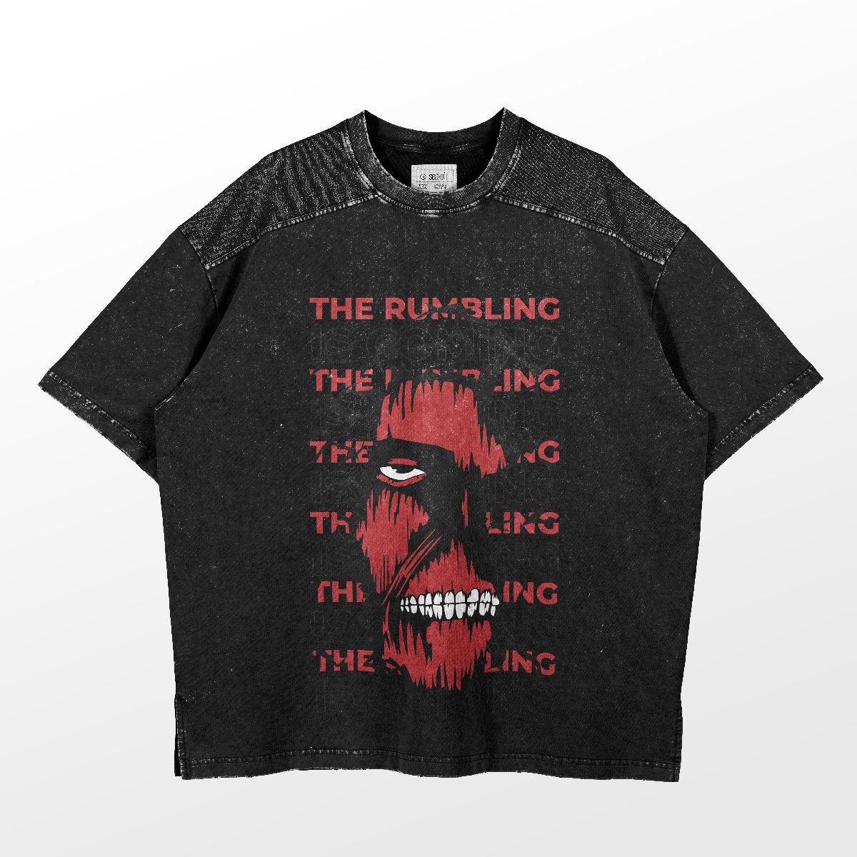 The Colossal Titan Rumbling T-Shirt by Attack on Titan features a striking red open-mouthed face graphic and "THE RUMBLING" text on black, washed fabric with a slightly distressed look for an edgy style.