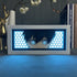 The Seakoff Hypnotic Blue-Eyed Anime Light Box features a hexagonal pattern and 16-color customizable LED glow, adding a futuristic touch. It sits on a table with books and a golden deer figurine, framed by flowers in the background.