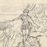 This Attack on Titan Levi Ackerman vs. Beast Titan washed vintage T-shirt showcases a sketch-style image of Levi in a cape with dual swords, framed by intense expressions and Japanese text on a textured paper-like backdrop. Made from 260 GSM high-quality cotton anime streetwear.