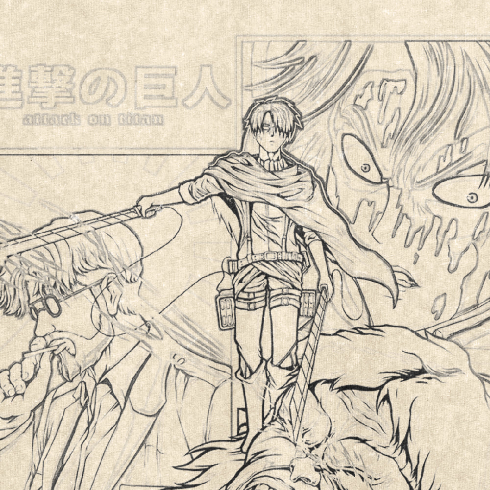 This Attack on Titan Levi Ackerman vs. Beast Titan washed vintage T-shirt showcases a sketch-style image of Levi in a cape with dual swords, framed by intense expressions and Japanese text on a textured paper-like backdrop. Made from 260 GSM high-quality cotton anime streetwear.