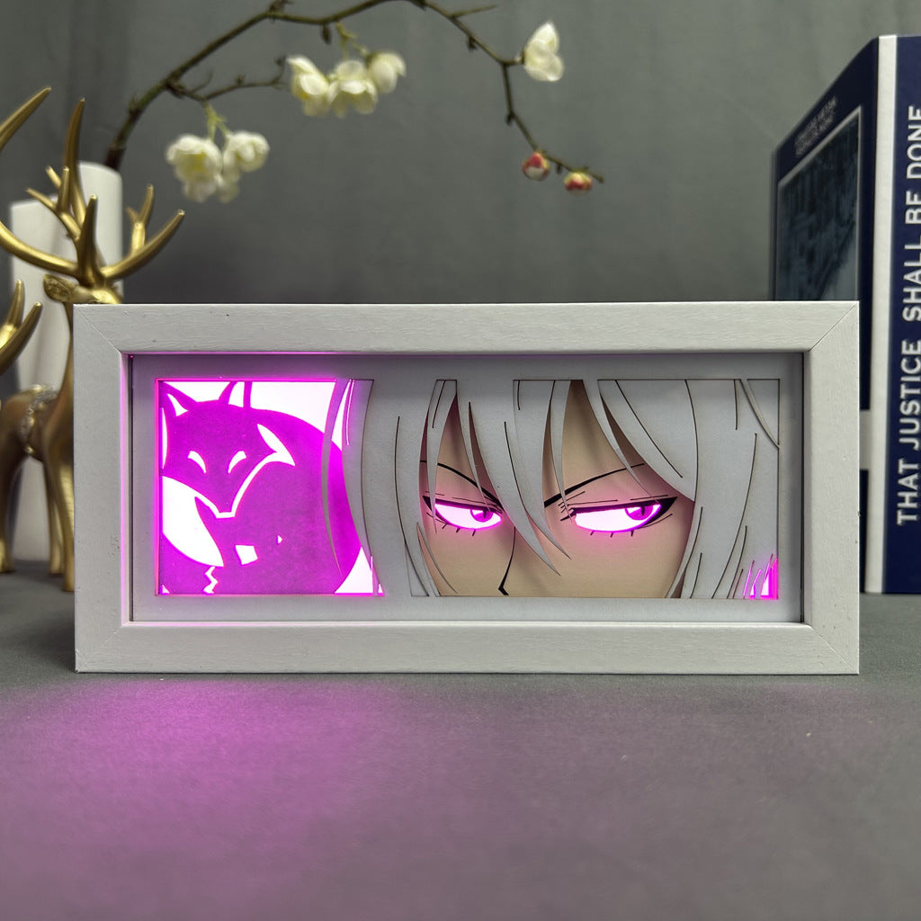 The Seakoff "Fox Spirit Anime Light Box – Mystical Pink Glow with 16-Color LED" features artwork of a character with long white hair and glowing pink eyes, a stylized fox spirit, and background elements like a decorative gold deer and orchid branch to create an enchanting scene.