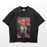 The Chainsaw Man Power T-Shirt is a trendy black anime shirt featuring a colorful pink-haired, horned character graphic on a vibrant background with "POWER" in bold letters, capturing the essence of anime fashion. Made from 100% cotton with a stylish drop shoulder design by Chainsaw Man.