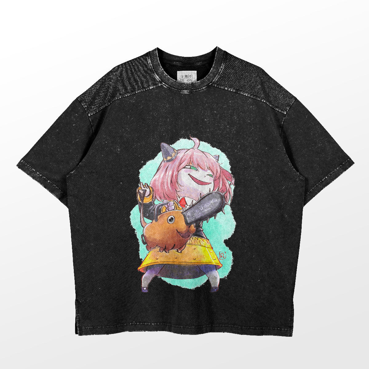 The black "Spy Family Anya Forger T-Shirt" features a cute anime apparel design with a character similar to Anya Forger, having pink hair and a yellow dress while holding an electric guitar on a light blue, speckled background. Made by the brand Spy × Family, it&