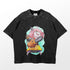 The black "Spy Family Anya Forger T-Shirt" features a cute anime apparel design with a character similar to Anya Forger, having pink hair and a yellow dress while holding an electric guitar on a light blue, speckled background. Made by the brand Spy × Family, it&