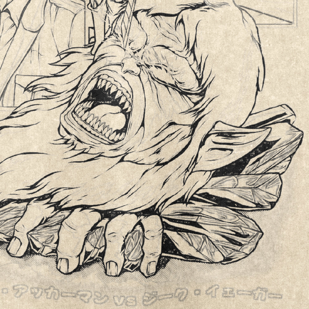 The Attack on Titan Levi Ackerman vs. Beast Titan Vintage T-Shirt features a dramatic illustration of the Beast Titan roaring, with sharp teeth and claws, gripping rocky terrain, alongside Levi Ackerman. Partial Japanese text appears at the bottom of this 260 GSM high-quality cotton anime streetwear design.