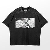 The Spy × Family Anya Forger T-Shirt features a black, faded texture with a manga panel design of an action scene and "Pow!" text, perfect for anime fans.