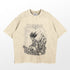 The Hunter x Hunter Gon Freecss Washed Vintage T-Shirt features a beige design with a black and white illustration of a spiky-haired character, surrounded by stylized rocks and crystals. The word "Hunter" elegantly adorns the shirt, capturing the vintage anime vibe in this high-quality cotton streetwear.