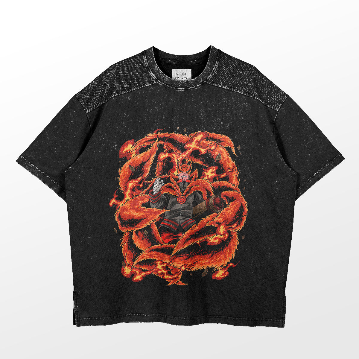 From the exclusive Naruto collection, the Naruto Kurama T-Shirt features a fox-like mythical design surrounded by fiery elements. This black, textured short-sleeve anime apparel embodies Naruto&
