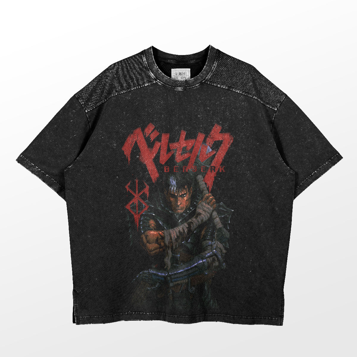 The "Berserk Anime Graphic Tee" by Berserk features a premium cotton design with a black graphic, red Japanese text, and "Berserk" in English. Guts the Knight Warrior is depicted with his large sword and an enigmatic symbol. The distressed wash embodies the anime&
