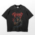 The "Berserk Anime Graphic Tee" by Berserk features a premium cotton design with a black graphic, red Japanese text, and "Berserk" in English. Guts the Knight Warrior is depicted with his large sword and an enigmatic symbol. The distressed wash embodies the anime&